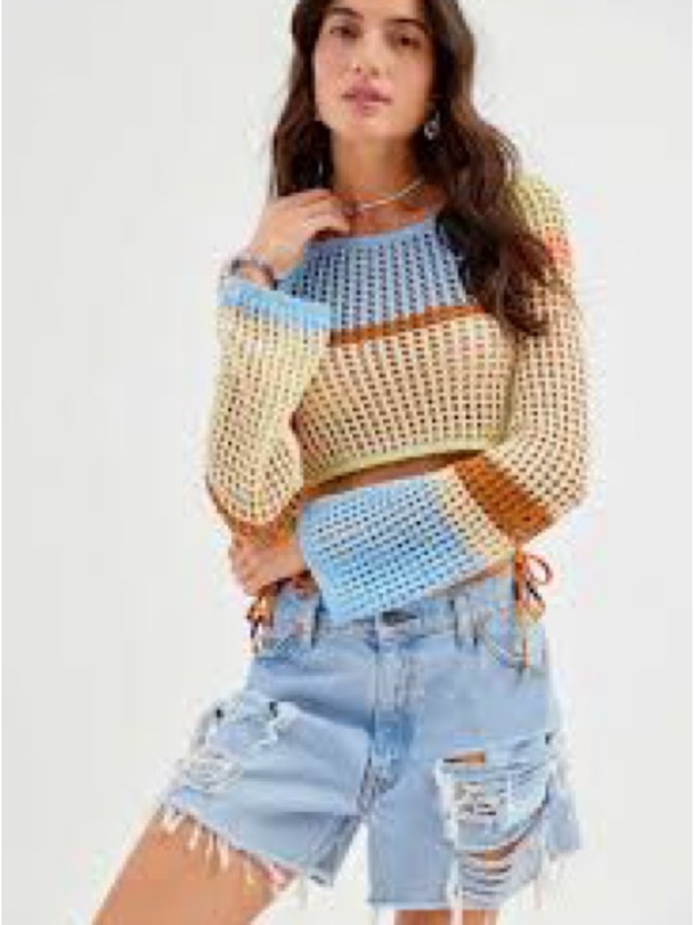 Urban Outfitters Women's Blue Uo Chloe Cropped Open-knit Sweater Size Large